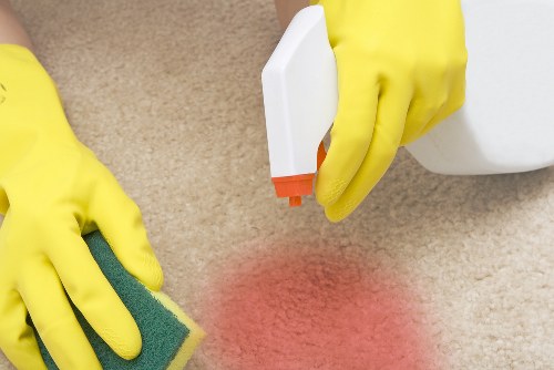 Carpet cleaner preparing safe equipment for a cleaning task