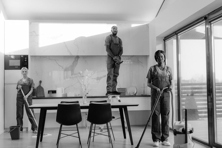 Three professional cleaners from Tower Hill Carpet Cleaners are positioned in a modern living room, each holding cleaning tools. The woman on the left and the woman on the right are wearing grey shirt